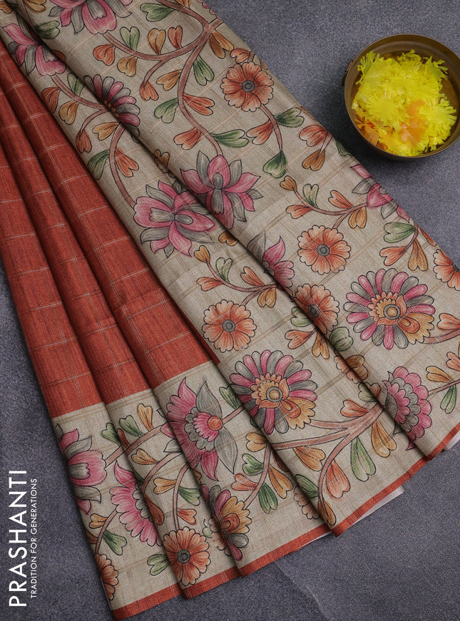 Semi tussar saree rust shade and beige with allover zari checked pattern and kalamkari printed pallu
