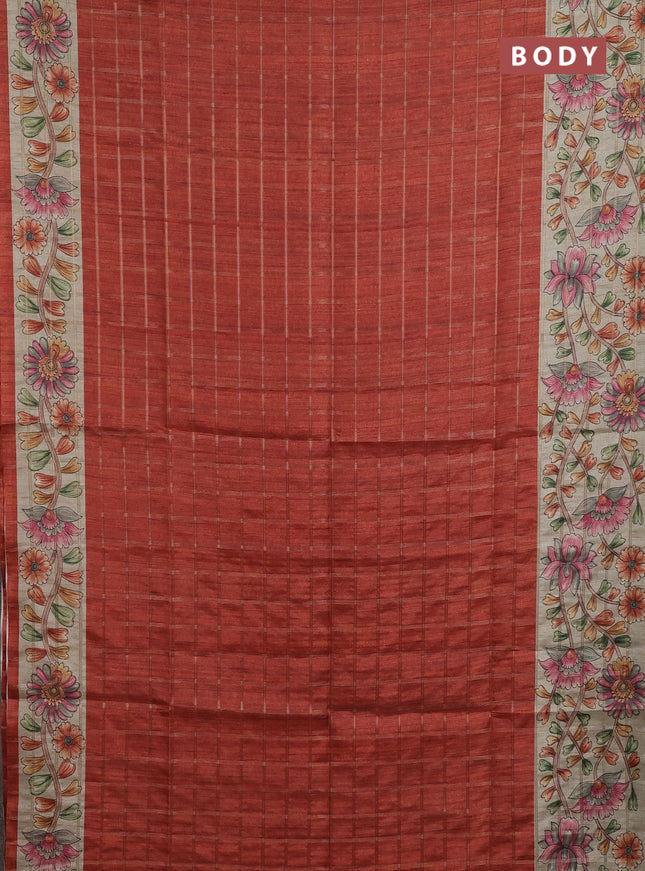 Semi tussar saree rust shade and beige with allover zari checked pattern and kalamkari printed pallu