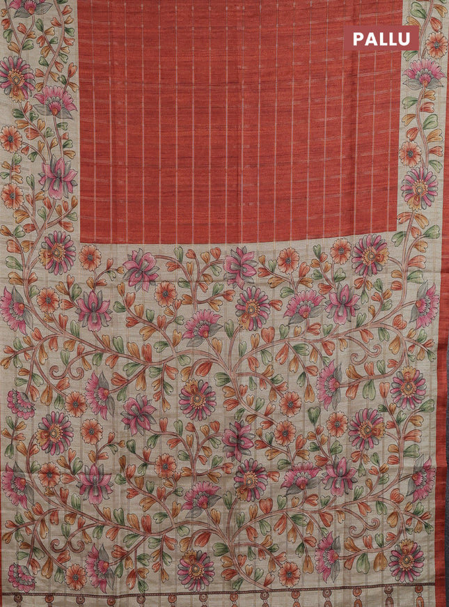 Semi tussar saree rust shade and beige with allover zari checked pattern and kalamkari printed pallu