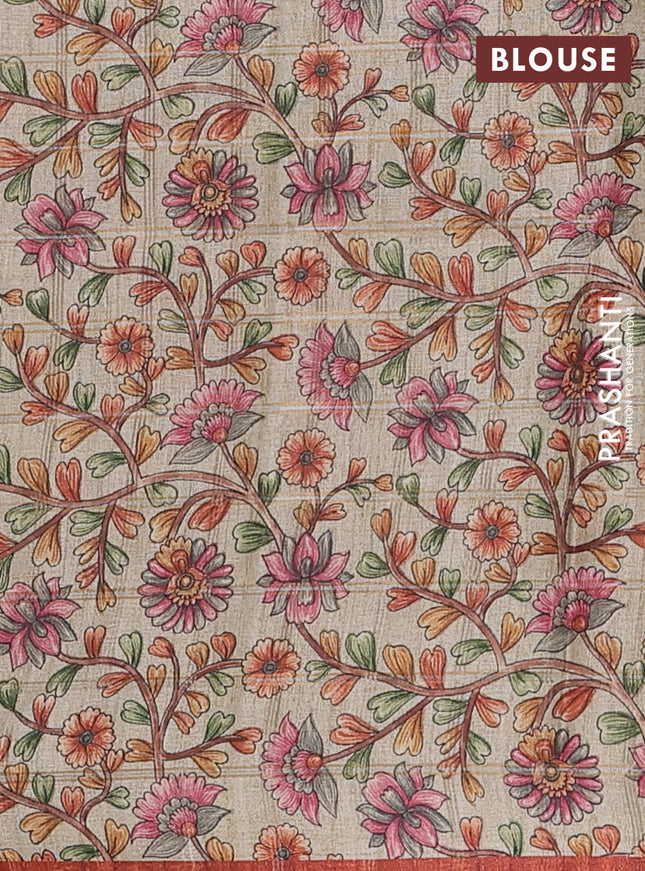Semi tussar saree rust shade and beige with allover zari checked pattern and kalamkari printed pallu