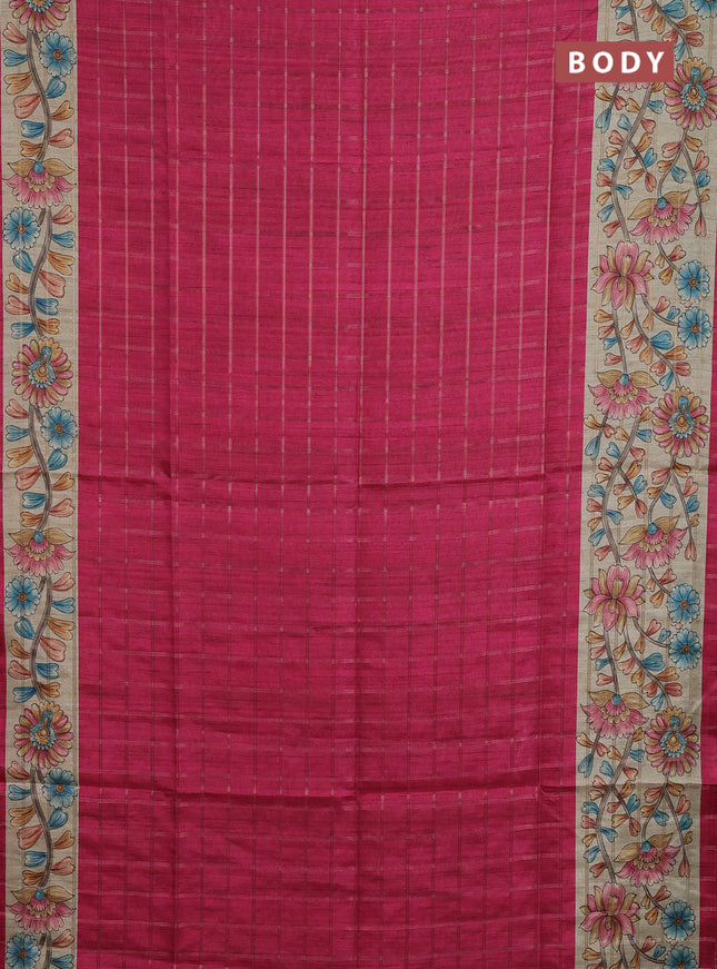 Semi tussar saree pink and beige with allover zari checked pattern and kalamkari printed pallu