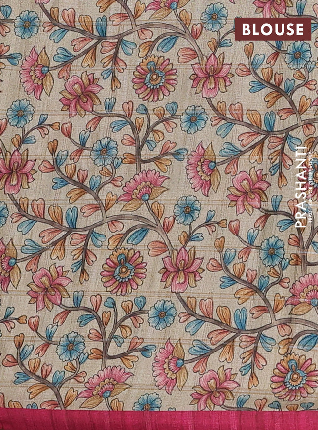 Semi tussar saree pink and beige with allover zari checked pattern and kalamkari printed pallu