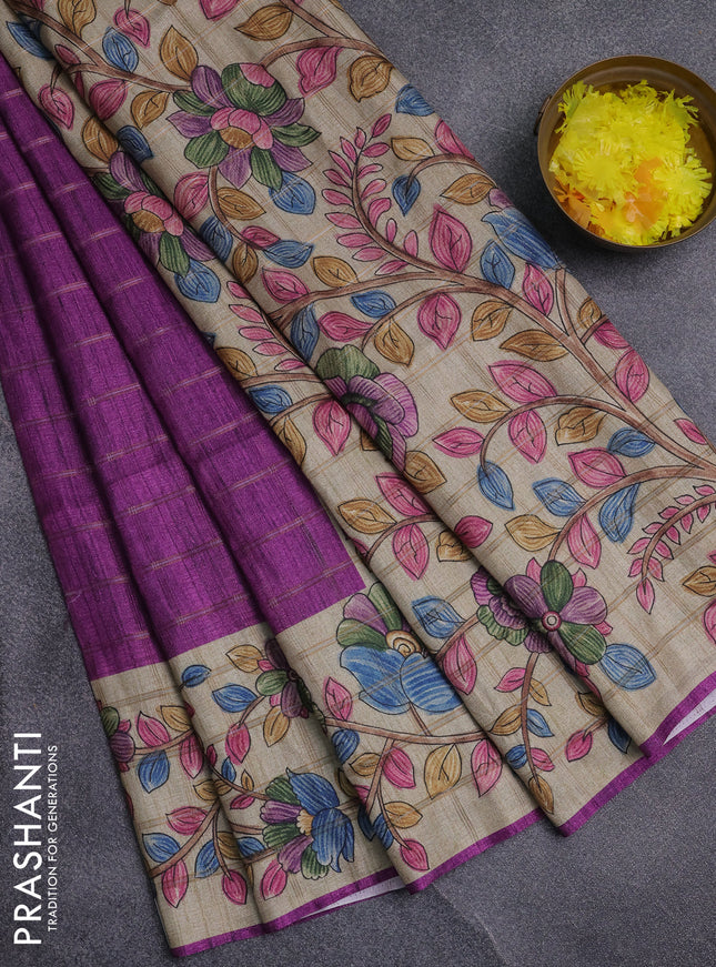 Semi tussar saree purple and beige with allover zari checked pattern and kalamkari printed pallu