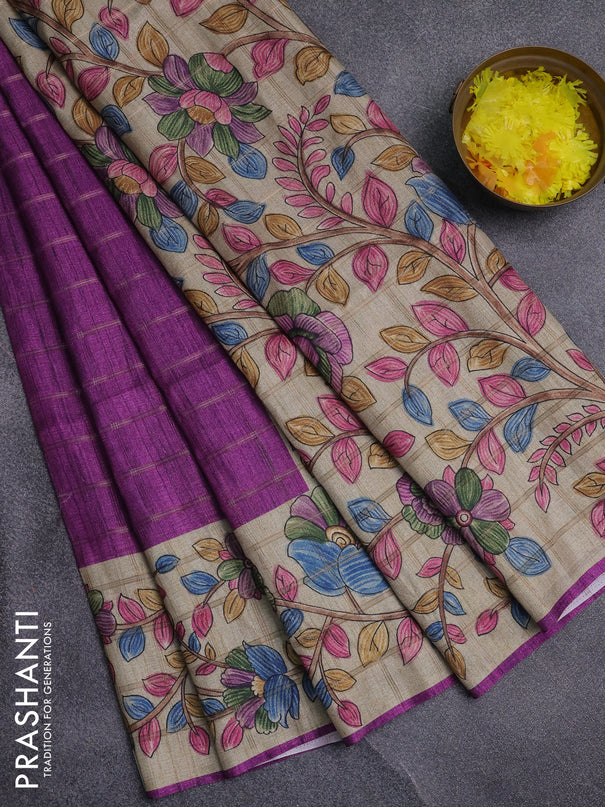Semi tussar saree purple and beige with allover zari checked pattern and kalamkari printed pallu