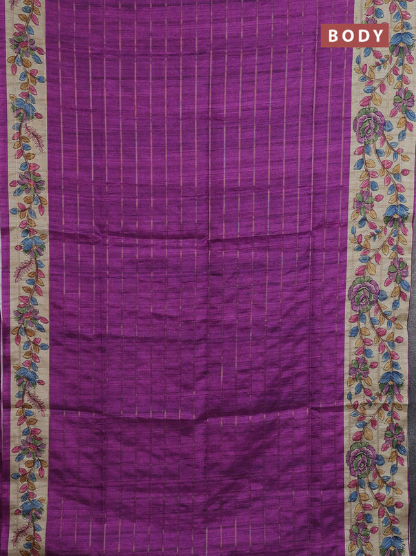 Semi tussar saree purple and beige with allover zari checked pattern and kalamkari printed pallu