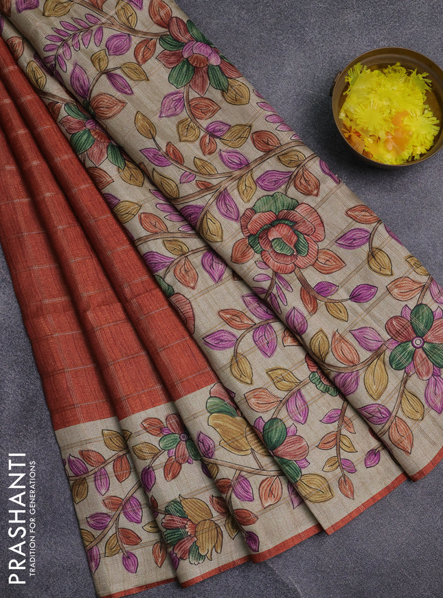 Semi tussar saree rust shade and beige with allover zari checked pattern and kalamkari printed pallu