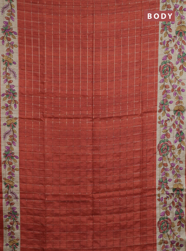 Semi tussar saree rust shade and beige with allover zari checked pattern and kalamkari printed pallu