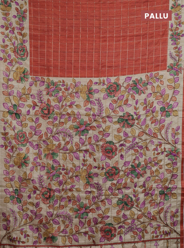 Semi tussar saree rust shade and beige with allover zari checked pattern and kalamkari printed pallu