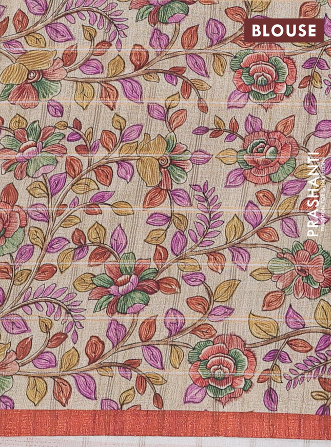 Semi tussar saree rust shade and beige with allover zari checked pattern and kalamkari printed pallu