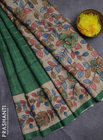 Semi tussar saree green and beige with allover zari checked pattern and kalamkari printed pallu