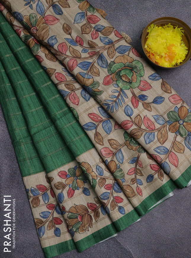 Semi tussar saree green and beige with allover zari checked pattern and kalamkari printed pallu