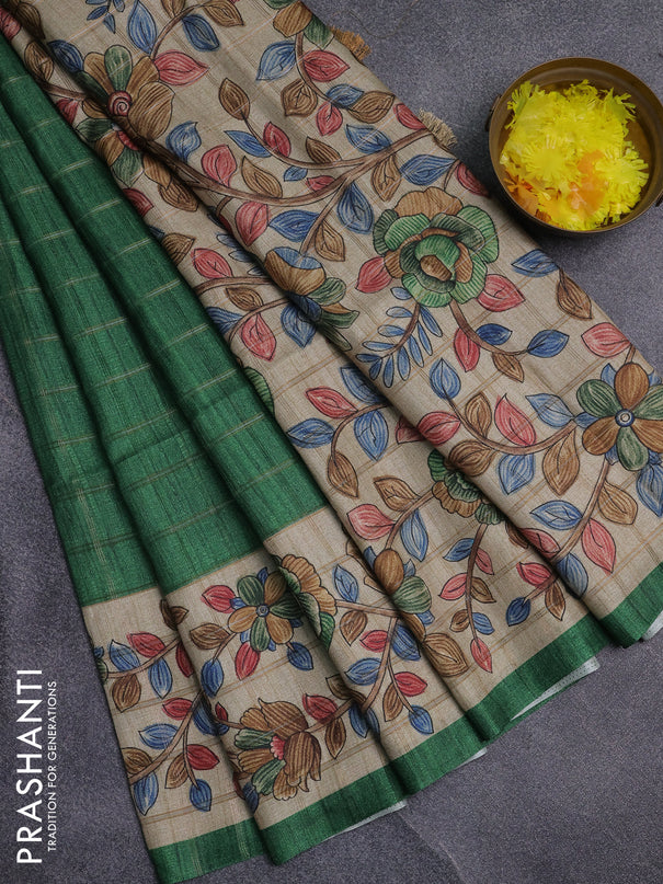 Semi tussar saree green and beige with allover zari checked pattern and kalamkari printed pallu