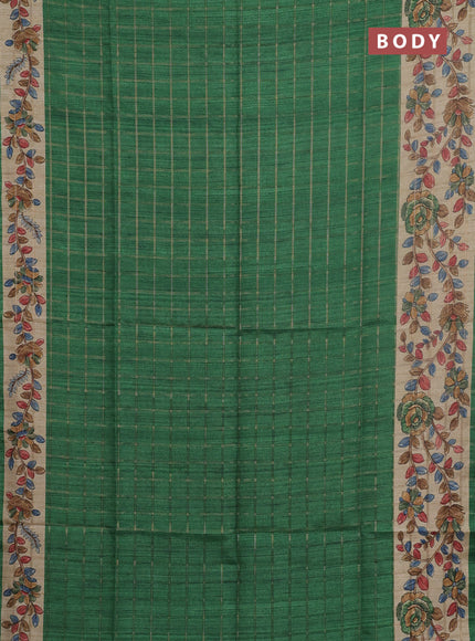 Semi tussar saree green and beige with allover zari checked pattern and kalamkari printed pallu