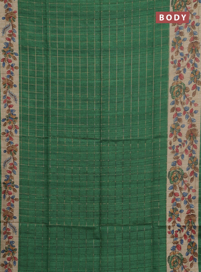 Semi tussar saree green and beige with allover zari checked pattern and kalamkari printed pallu