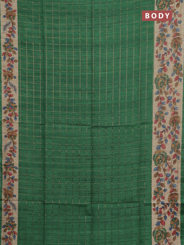 Semi tussar saree green and beige with allover zari checked pattern and kalamkari printed pallu