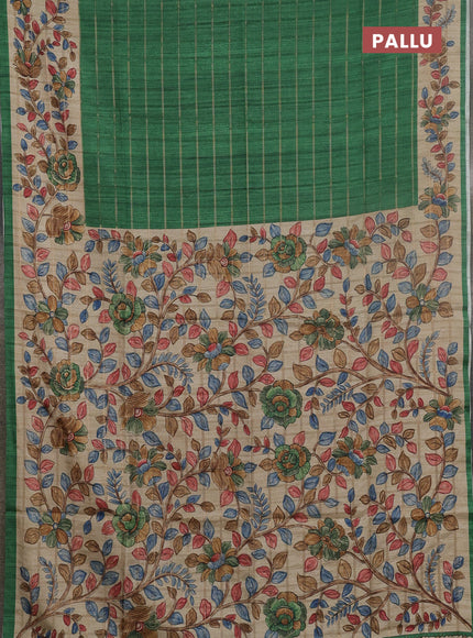 Semi tussar saree green and beige with allover zari checked pattern and kalamkari printed pallu