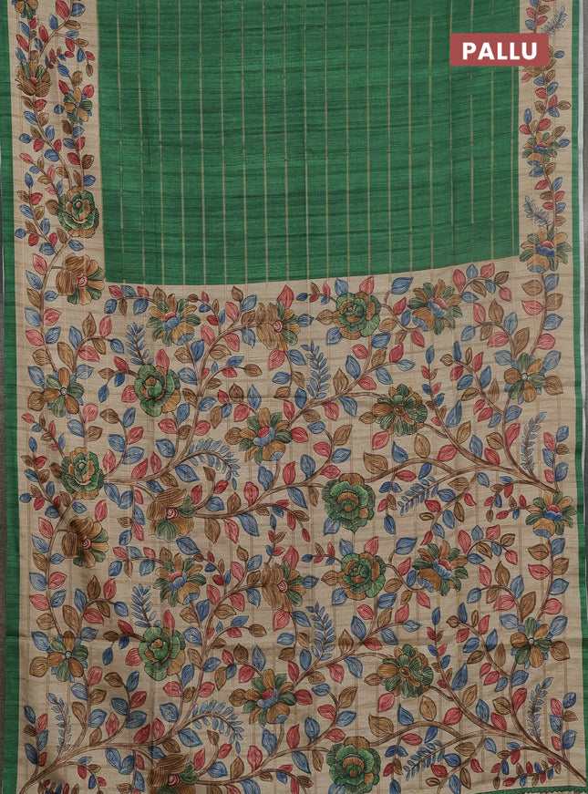 Semi tussar saree green and beige with allover zari checked pattern and kalamkari printed pallu