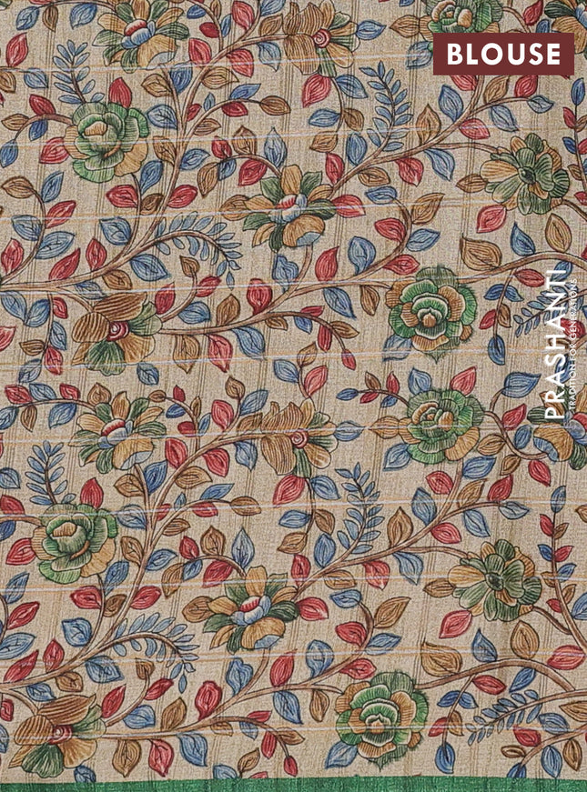 Semi tussar saree green and beige with allover zari checked pattern and kalamkari printed pallu