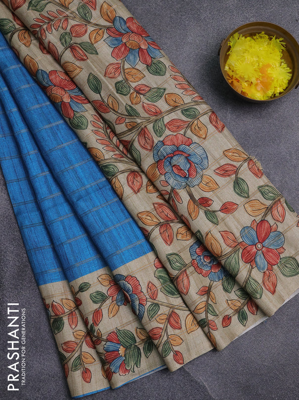 Semi tussar saree cs blue and beige with allover zari checked pattern and kalamkari printed pallu