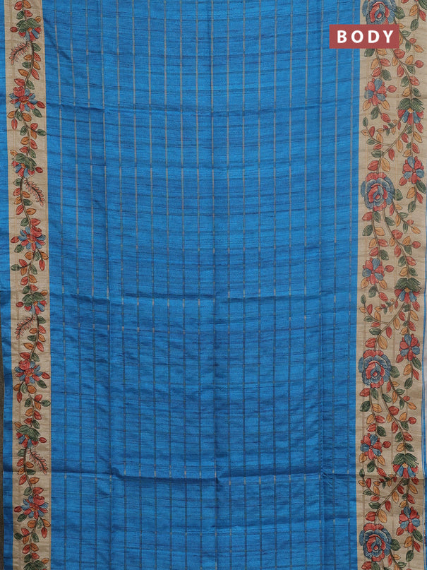 Semi tussar saree cs blue and beige with allover zari checked pattern and kalamkari printed pallu