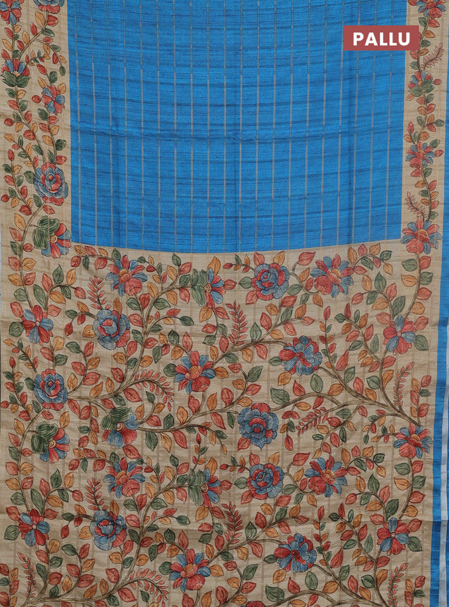 Semi tussar saree cs blue and beige with allover zari checked pattern and kalamkari printed pallu