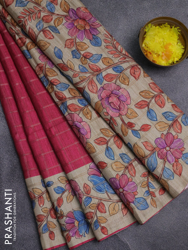 Semi tussar saree pink and beige with allover zari checked pattern and kalamkari printed pallu
