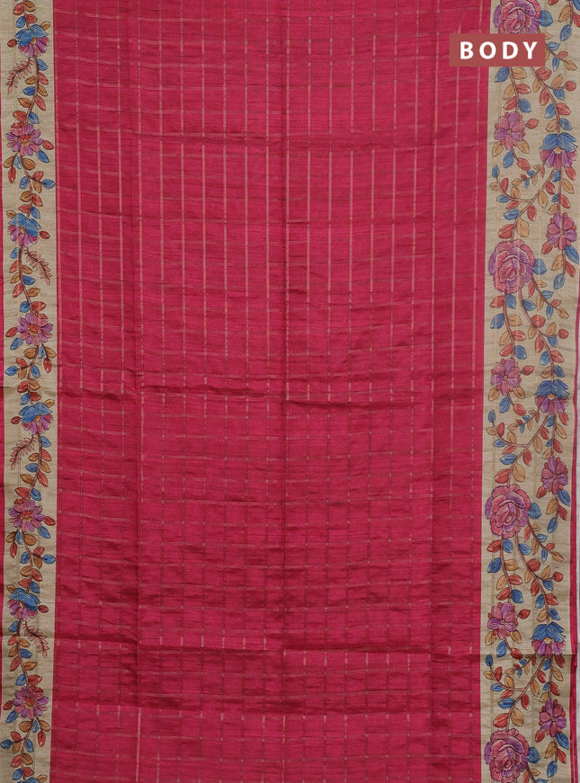 Semi tussar saree pink and beige with allover zari checked pattern and kalamkari printed pallu