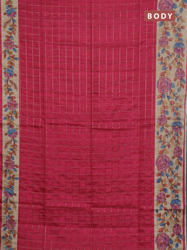Semi tussar saree pink and beige with allover zari checked pattern and kalamkari printed pallu