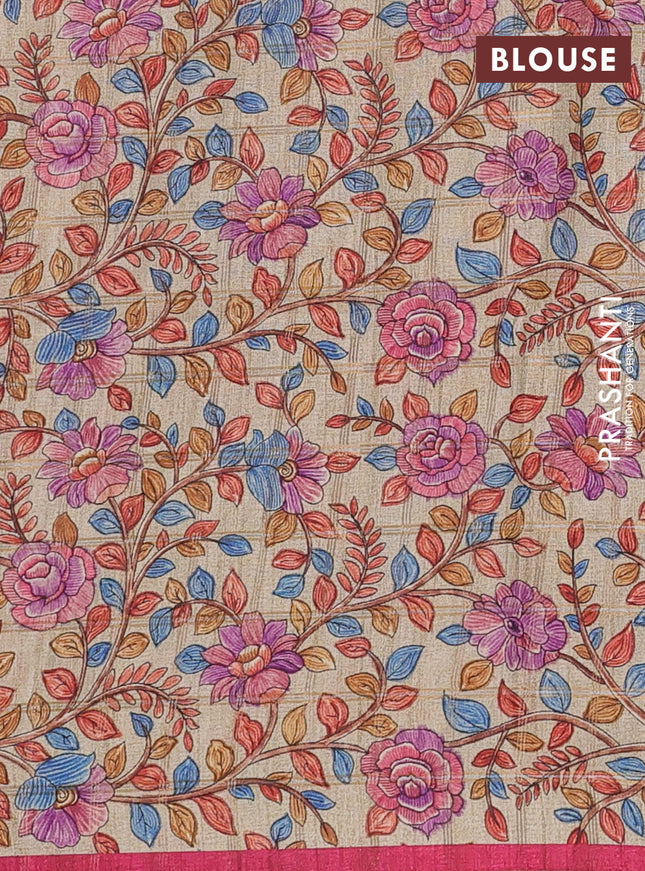 Semi tussar saree pink and beige with allover zari checked pattern and kalamkari printed pallu
