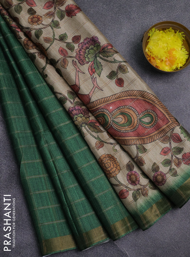 Semi tussar saree green and beige with allover zari checked pattern and kalamkari printed pallu