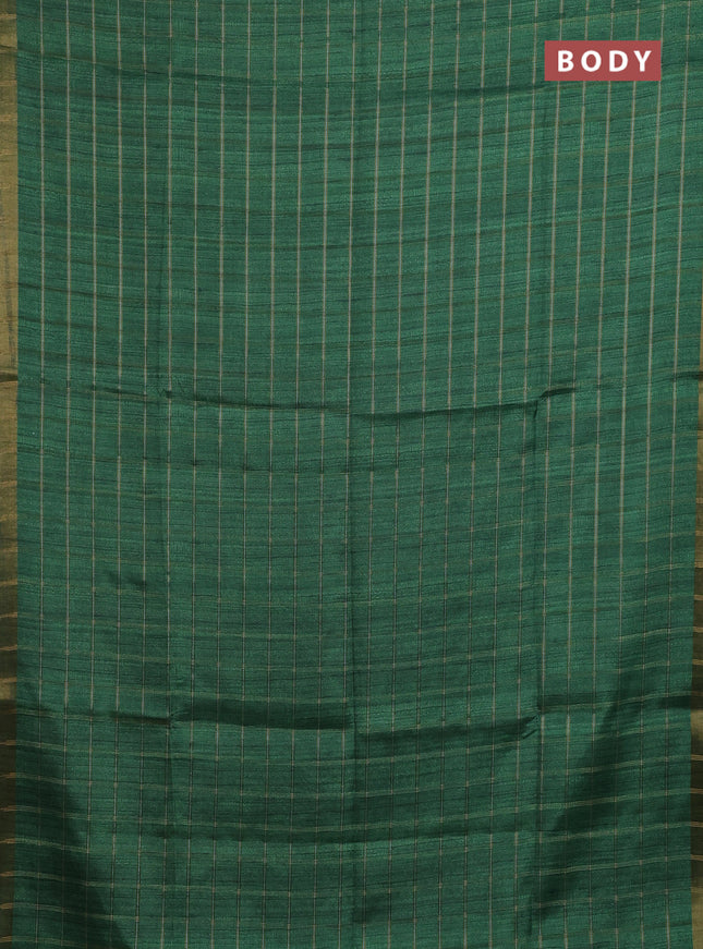 Semi tussar saree green and beige with allover zari checked pattern and kalamkari printed pallu