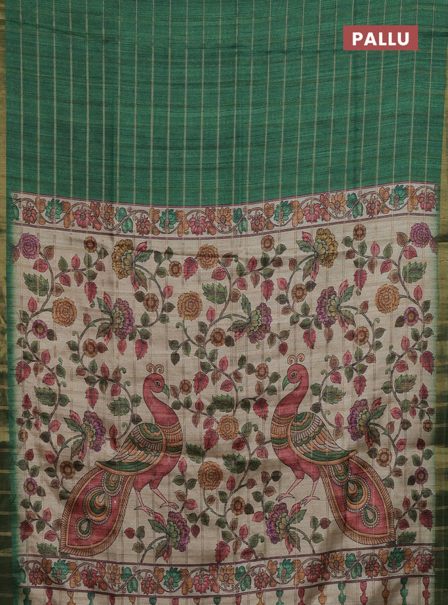 Semi tussar saree green and beige with allover zari checked pattern and kalamkari printed pallu