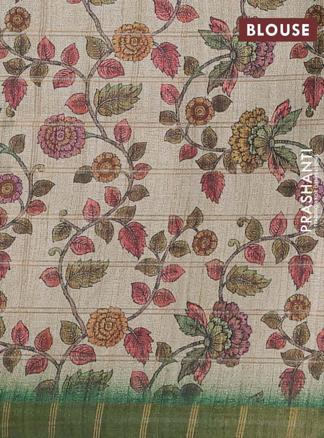 Semi tussar saree green and beige with allover zari checked pattern and kalamkari printed pallu