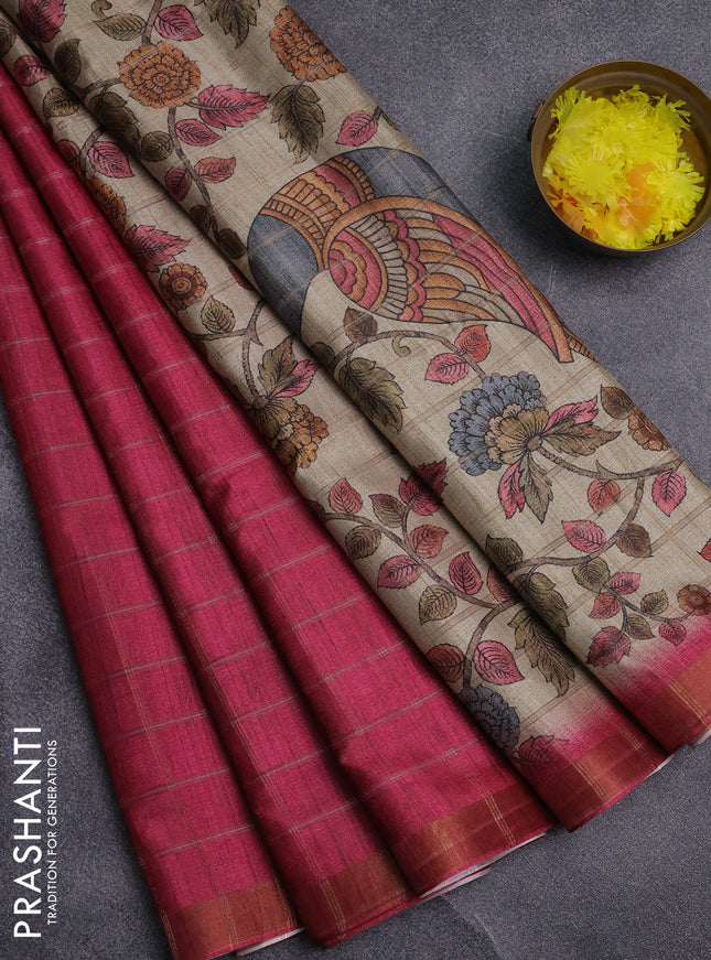 Semi tussar saree pink and beige with allover zari checked pattern and kalamkari printed pallu