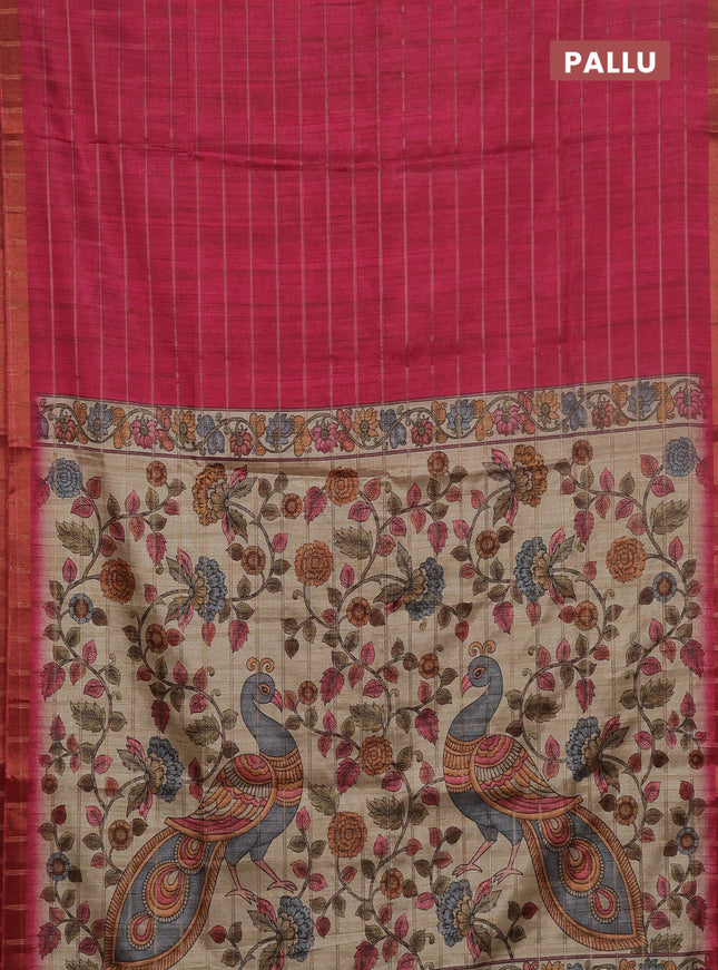 Semi tussar saree pink and beige with allover zari checked pattern and kalamkari printed pallu
