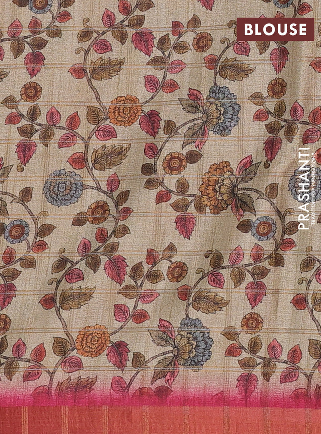 Semi tussar saree pink and beige with allover zari checked pattern and kalamkari printed pallu