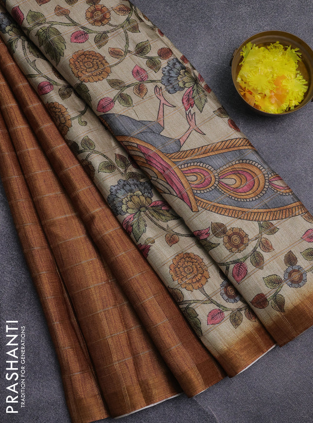 Semi tussar saree mustard yellow and beige with allover zari checked pattern and kalamkari printed pallu
