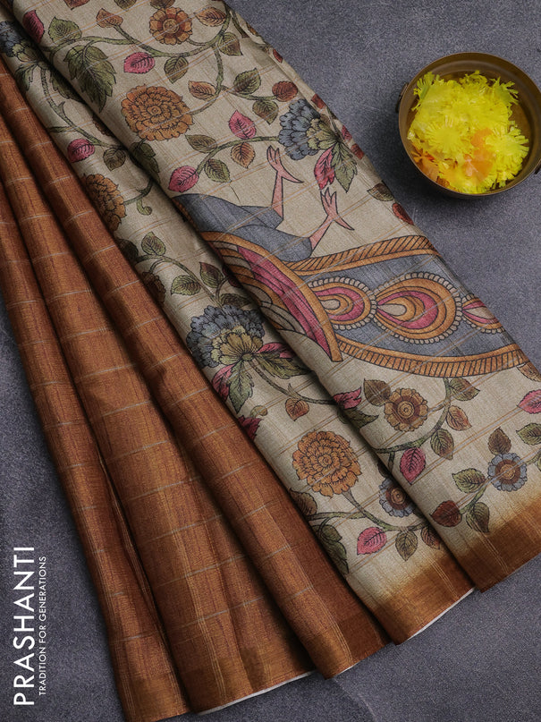 Semi tussar saree mustard yellow and beige with allover zari checked pattern and kalamkari printed pallu