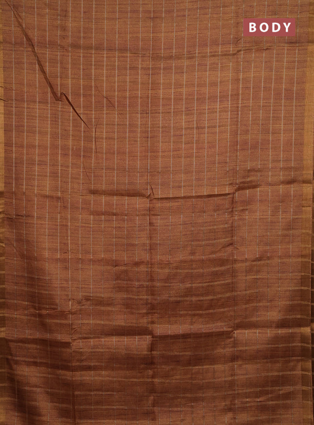 Semi tussar saree mustard yellow and beige with allover zari checked pattern and kalamkari printed pallu