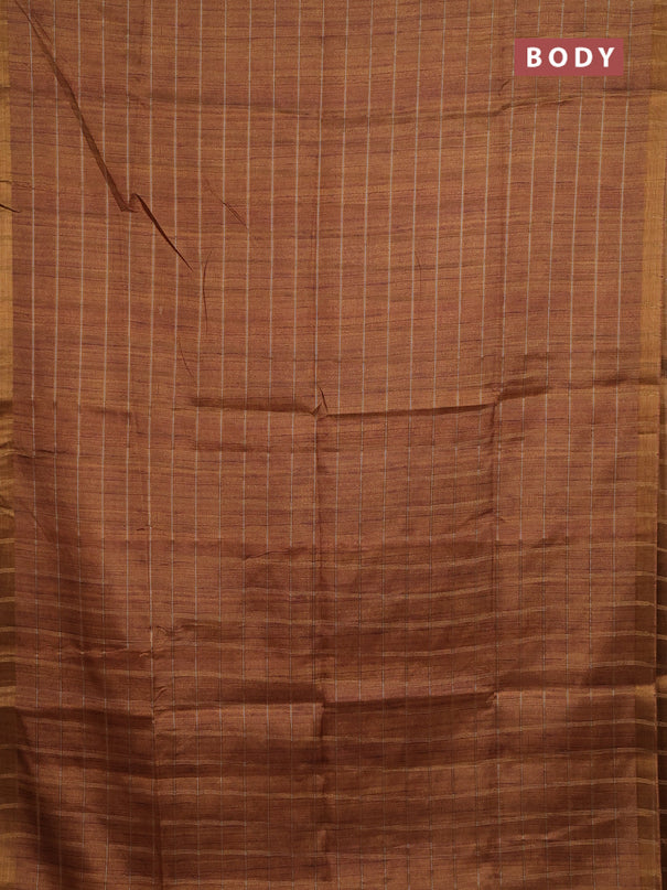 Semi tussar saree mustard yellow and beige with allover zari checked pattern and kalamkari printed pallu