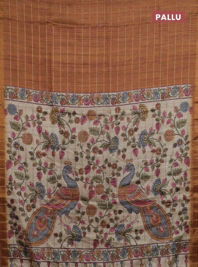 Semi tussar saree mustard yellow and beige with allover zari checked pattern and kalamkari printed pallu