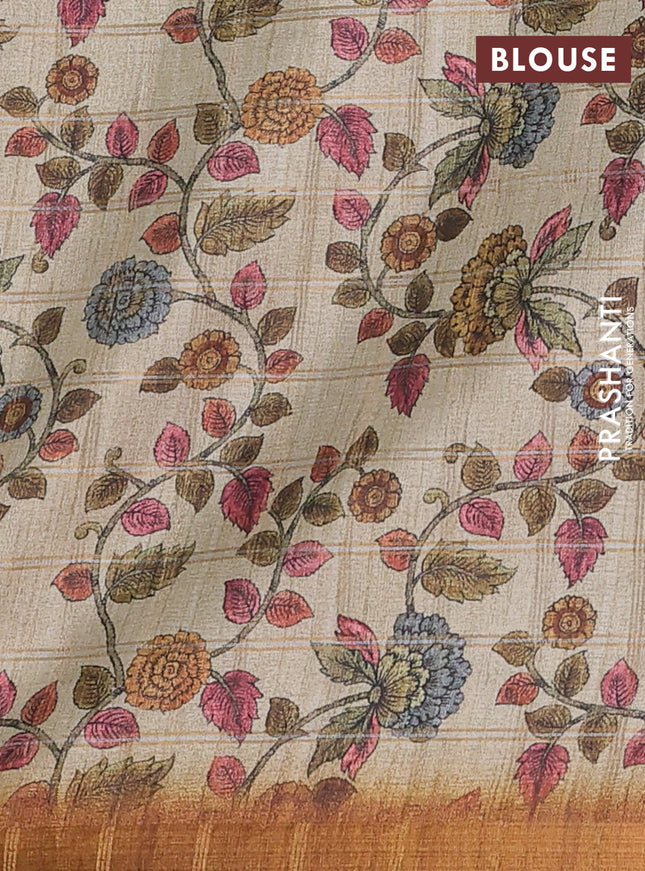 Semi tussar saree mustard yellow and beige with allover zari checked pattern and kalamkari printed pallu