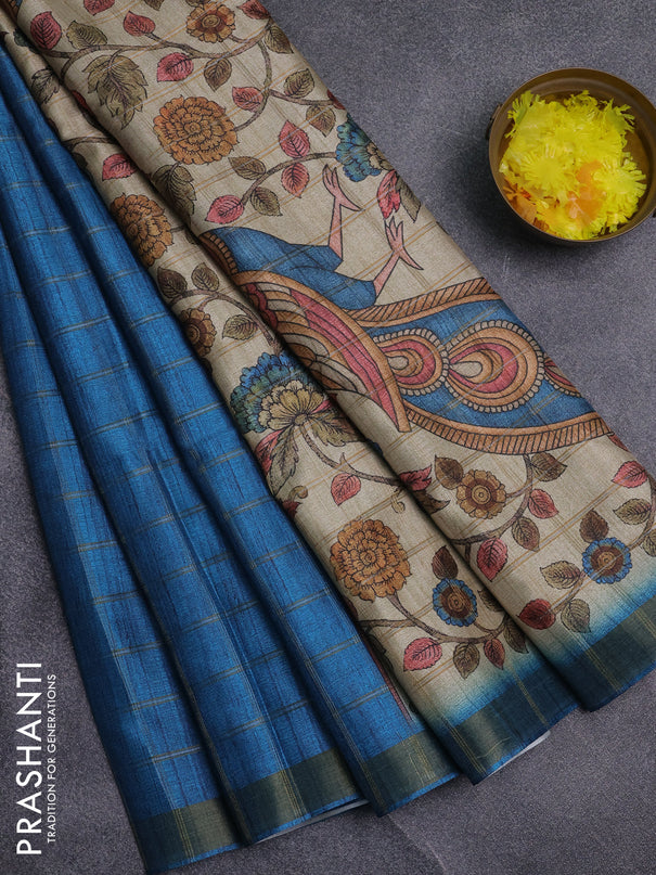 Semi tussar saree cs blue and beige with allover zari checked pattern and kalamkari printed pallu