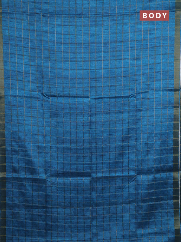Semi tussar saree cs blue and beige with allover zari checked pattern and kalamkari printed pallu