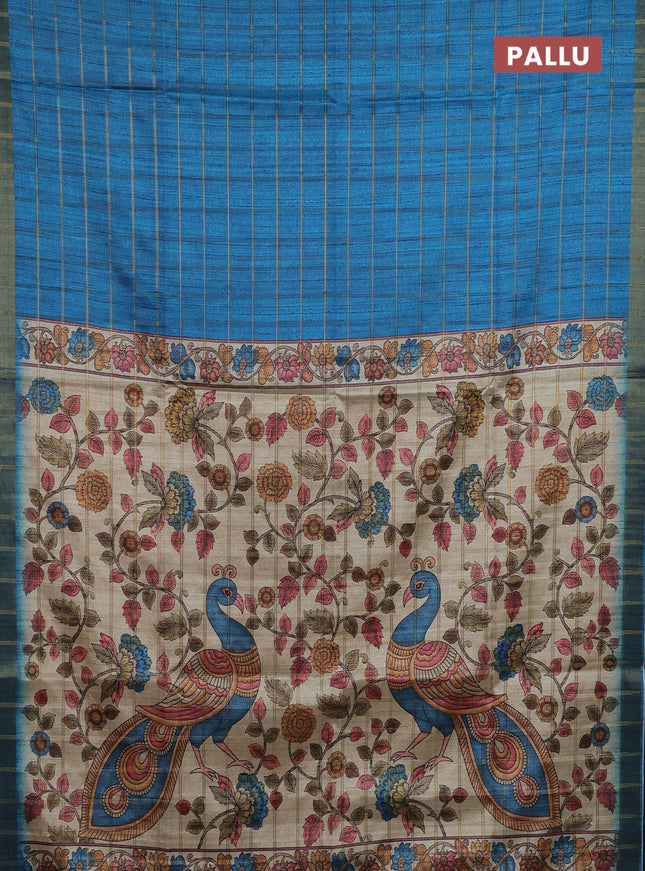 Semi tussar saree cs blue and beige with allover zari checked pattern and kalamkari printed pallu