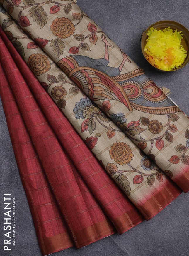 Semi tussar saree maroon and beige with allover zari checked pattern and kalamkari printed pallu