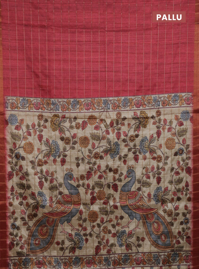Semi tussar saree maroon and beige with allover zari checked pattern and kalamkari printed pallu