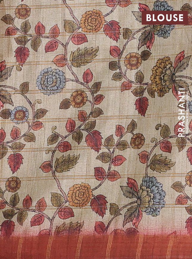 Semi tussar saree maroon and beige with allover zari checked pattern and kalamkari printed pallu