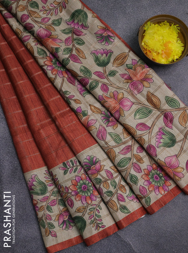 Semi tussar saree rust shade and beige with allover zari checked pattern and kalamkari printed pallu