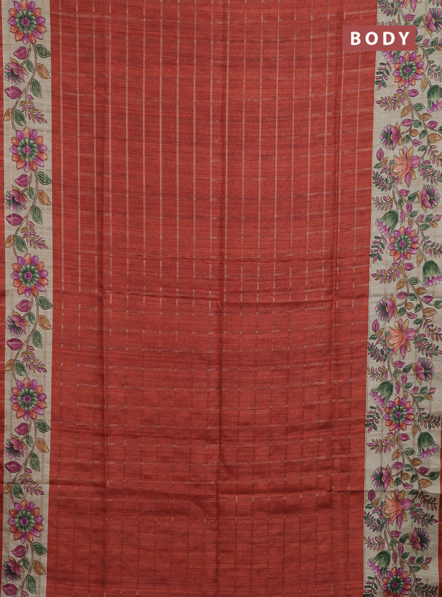 Semi tussar saree rust shade and beige with allover zari checked pattern and kalamkari printed pallu